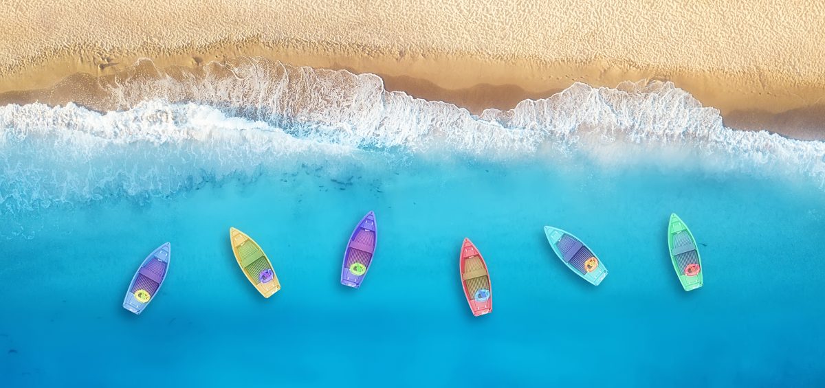 colorful boats, blue sea, beach