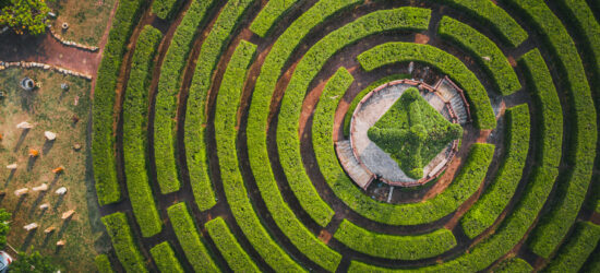 Aerial,View,Of,A,Circular,Garden,Maze,And,Green,Pavilion