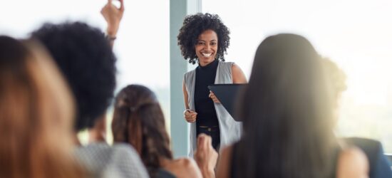 Question,,Black,Woman,And,Smile,In,Seminar,,Speaker,And,Audience